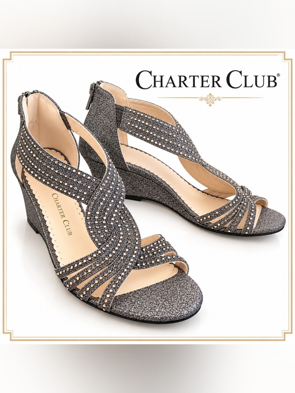 NWT Charter Club Silver Glitter Strappy Wedge Sandals with Rhinestones